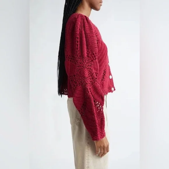 New! FARM Rio Flower Crochet Knit Burgundy Rec Cardigan ♥️ Small NWT! - Picture 7 of 12